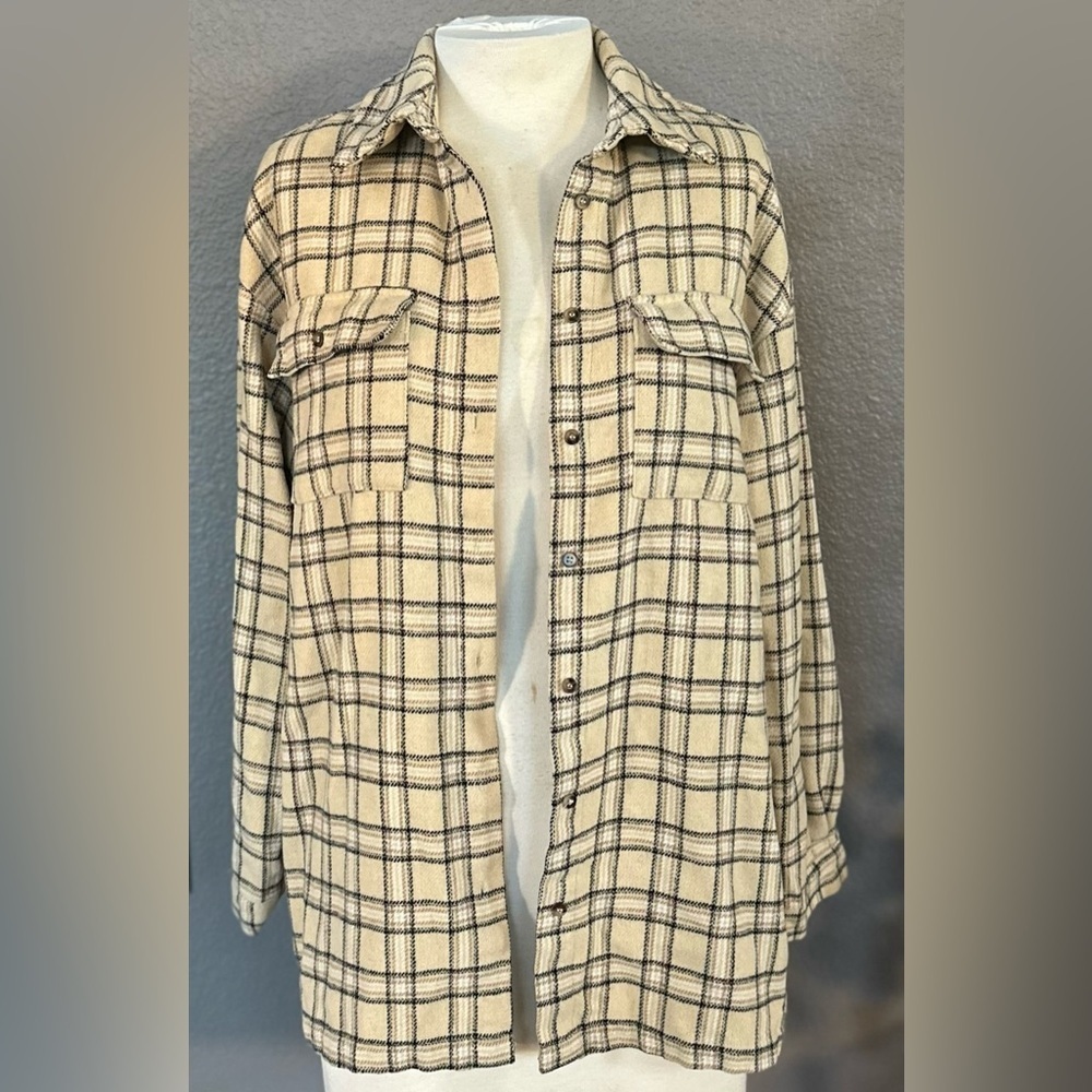 Princess Polly Womens US 4 Button Front Shirt Jacket Shacket Beige Black Flannel - Picture 10 of 12